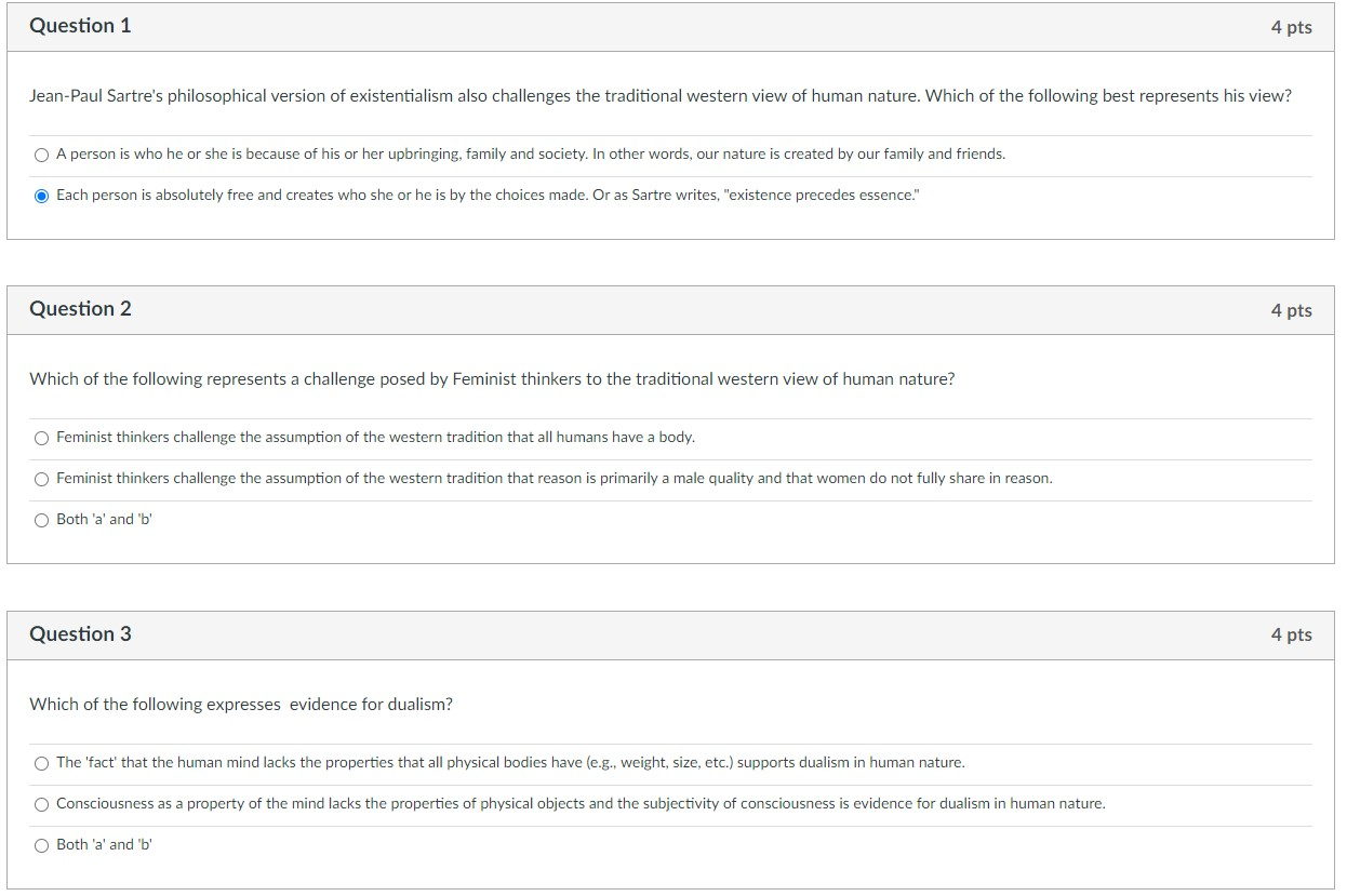 Question 1 4 pts Jean-Paul Sartre's philosophical | Chegg.com