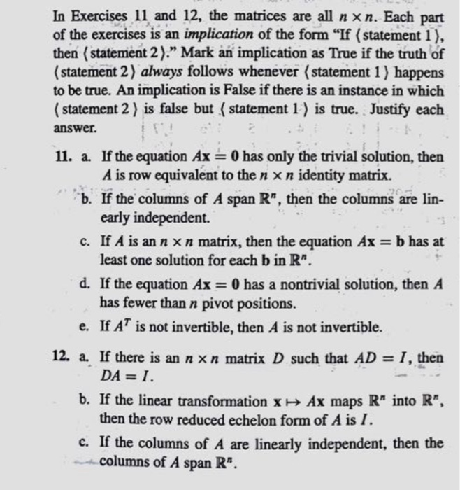 Solved In Exercises 11 and 12 the matri ces are all n xn. Chegg