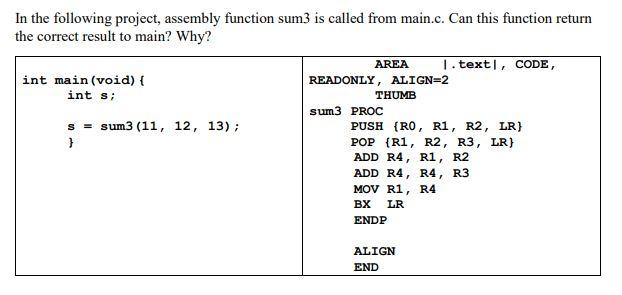 Solved In the following project, assembly function sum3 is | Chegg.com