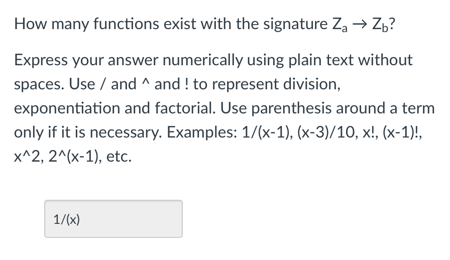 Solved How many functions exist with the signature Za → Zb? | Chegg.com