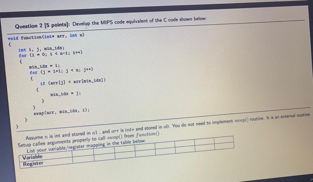 Solved Question 2 [5 Points]: Develop The MIPS Code | Chegg.com