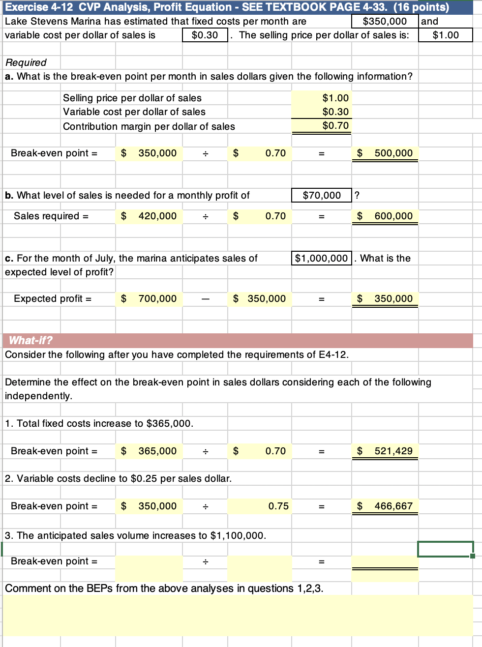 Solved Exercise 4-12 CVP Analysis, Profit Equation - SEE