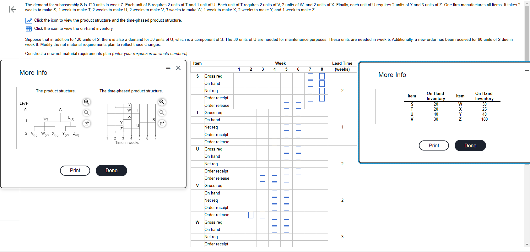 Click the icon to view the product structure and the time-phased product structure.
Click the icon to view the on-hand invent