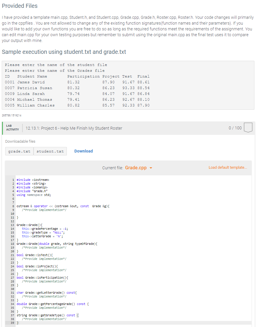 Solved C++ Coding Project. Provide implementation in .CPP | Chegg.com