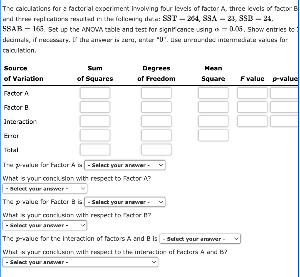 Solved The calculations for a factorial experiment involving | Chegg.com