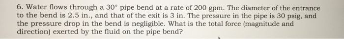 Solved Water flows through a 30 degree pipe bend at a rate | Chegg.com