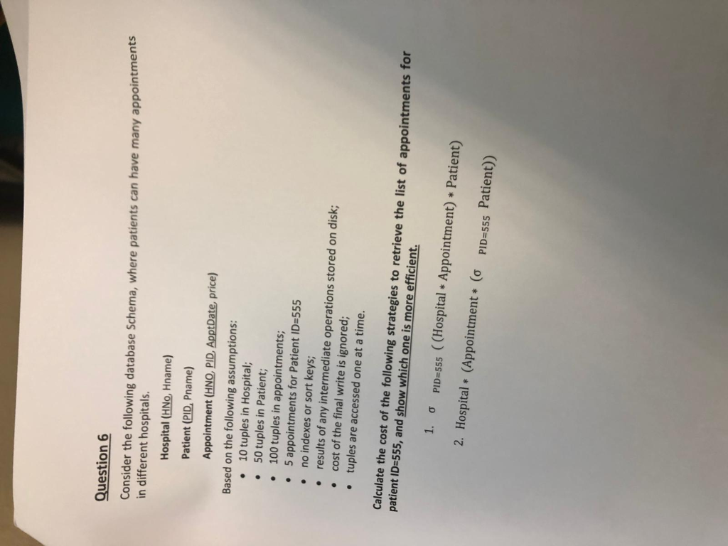 Question 6 Consider the following database Schema, where patients can have many appointments in different hospitals. Hospital