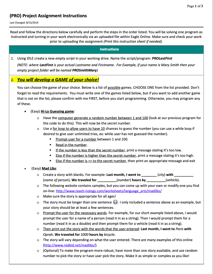Solved Page 1 of 3 (PRO) Project Assignment Instructions | Chegg.com