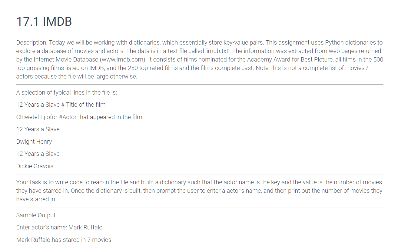 Solved def make_title_dict() titleActorDict = {}