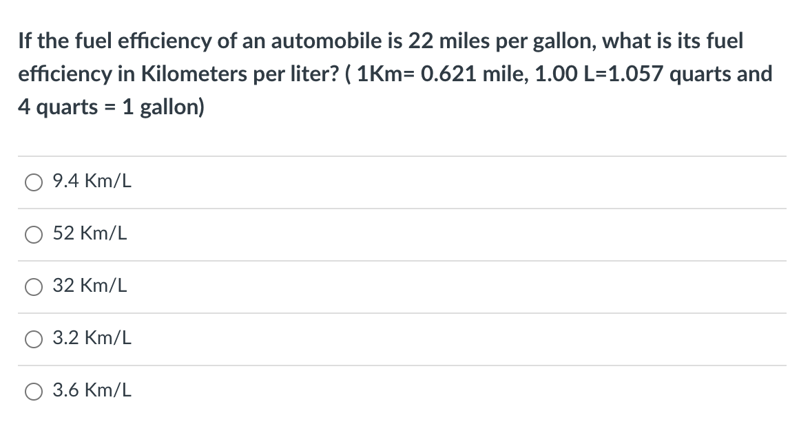 Solved If the fuel efficiency of an automobile is 22 miles Chegg