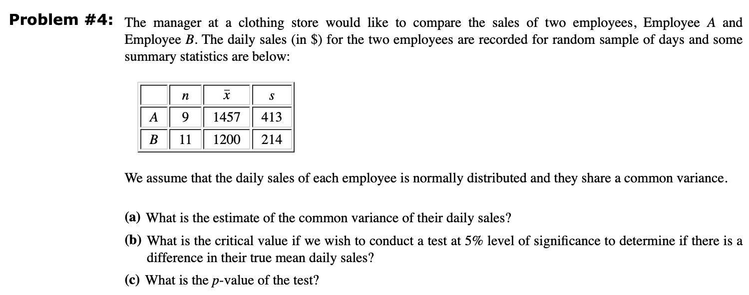 Solved The manager at a clothing store would like to compare | Chegg.com