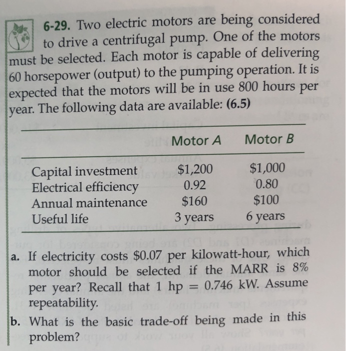 Solved 629. Two electric motors are being considered to