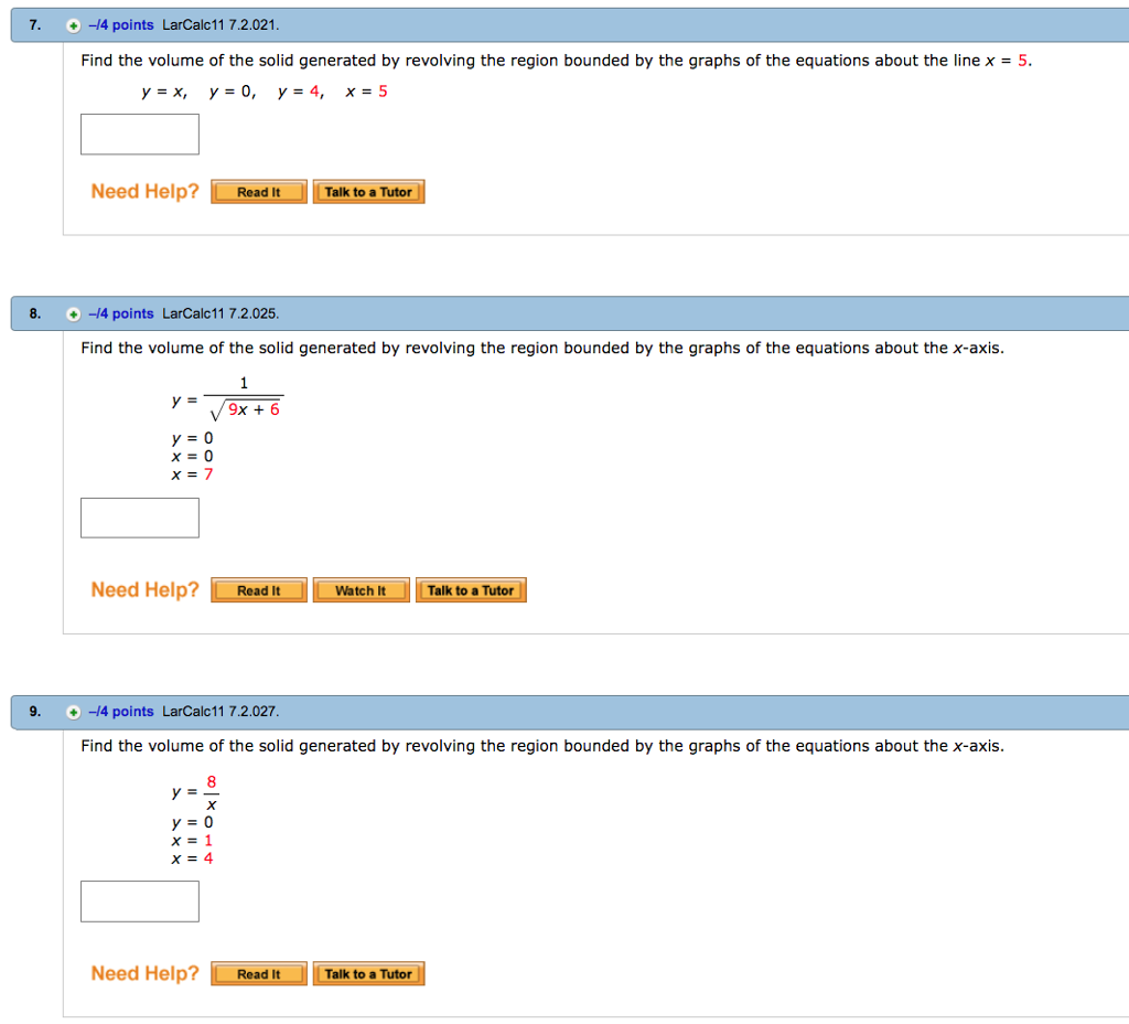 Solved 7. +-14 points LarCalc11 7.2.021 Find the volume of | Chegg.com