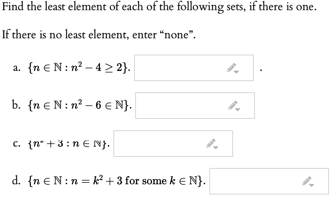 Solved Find the least element of each of the following sets, | Chegg.com