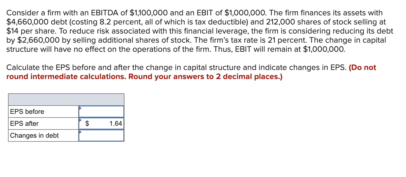 Solved Consider a firm with an EBITDA of $1,100,000 and an | Chegg.com