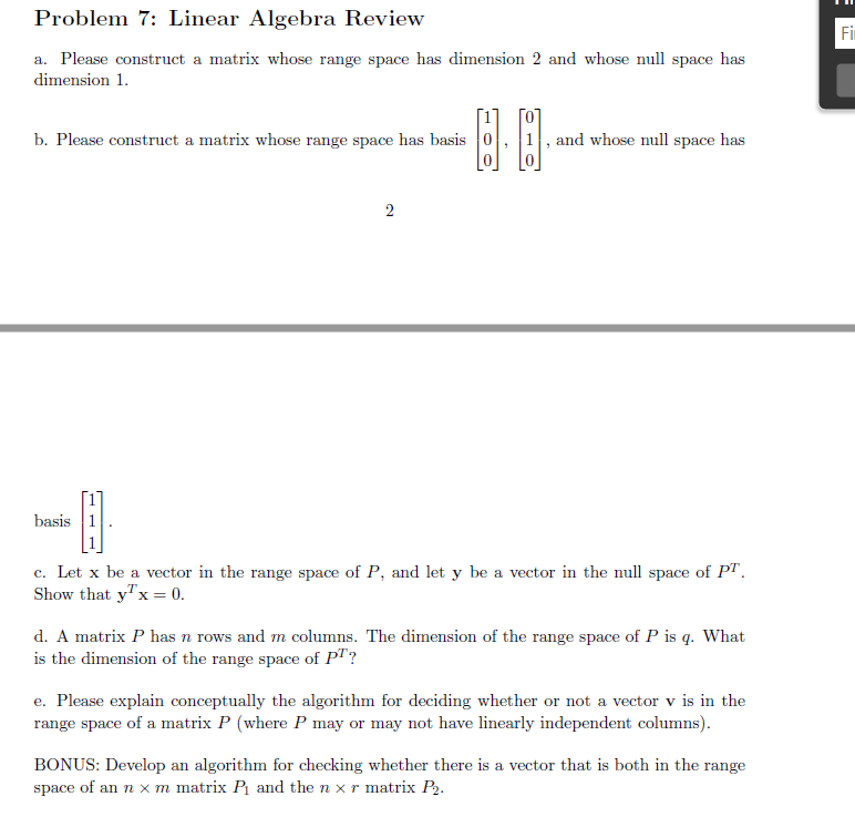 Solved Problem 7: Linear Algebra Review a. Please construct | Chegg.com