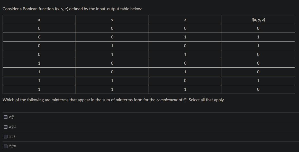 Solved Consider a Boolean function f(x, y, z) defined by the | Chegg.com