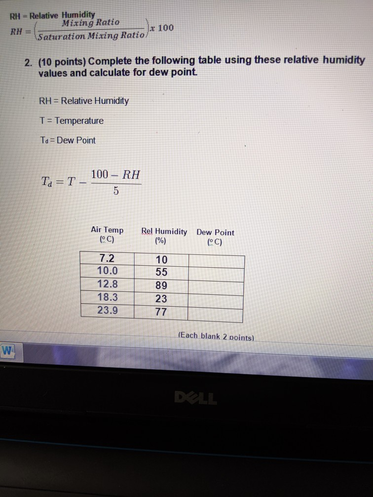 Solved RELATIVE HUMIDITY MIXING RATIO DEW POINT 1 10 Chegg