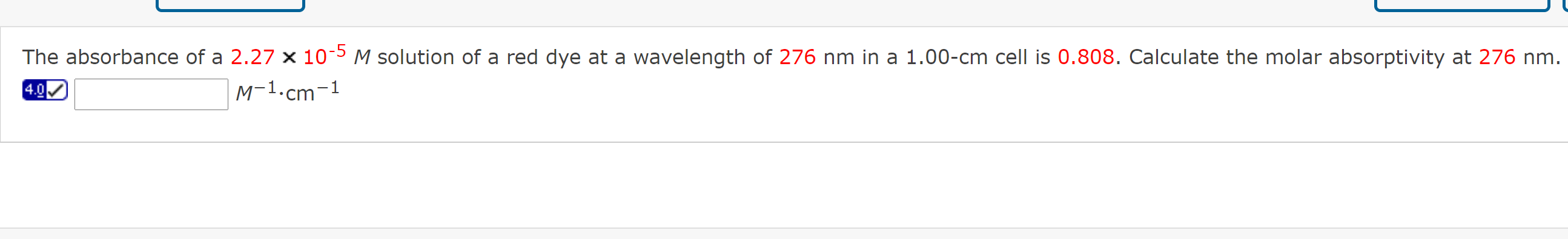 Solved The absorbance of a 2.27 x 10-5 M solution of a red | Chegg.com