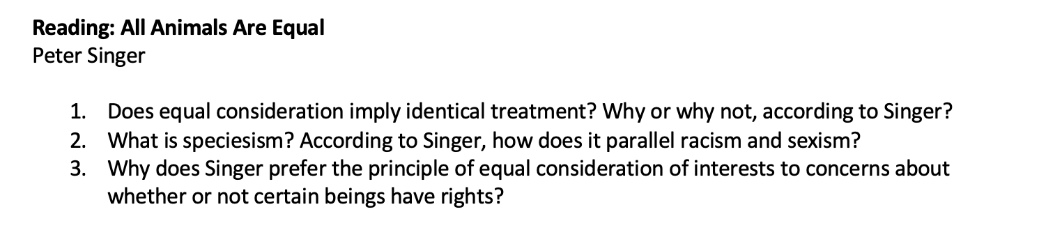 Solved Reading: All Animals Are Equal Peter Singer 1. Does | Chegg.com