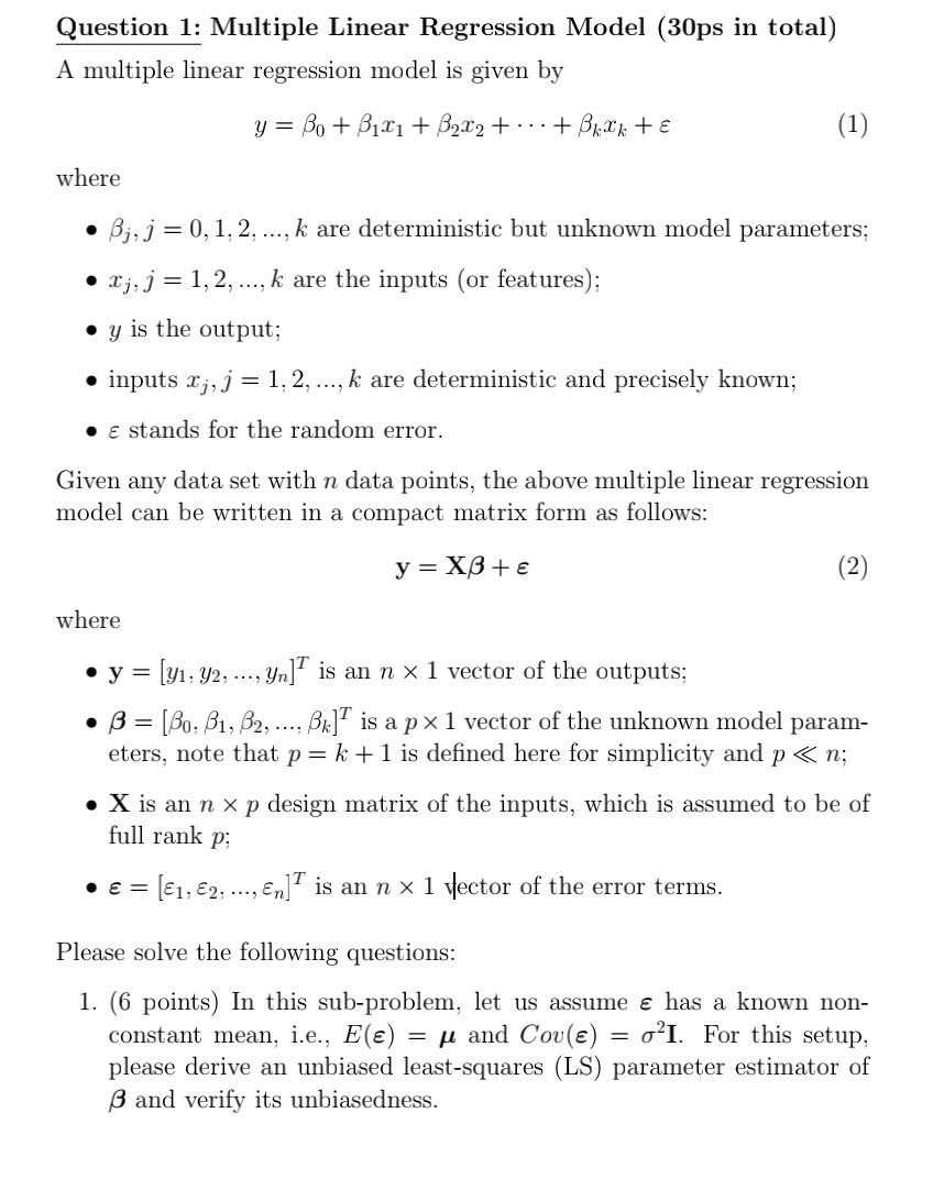 Question 1: Multiple Linear Regression Model (30ps in | Chegg.com