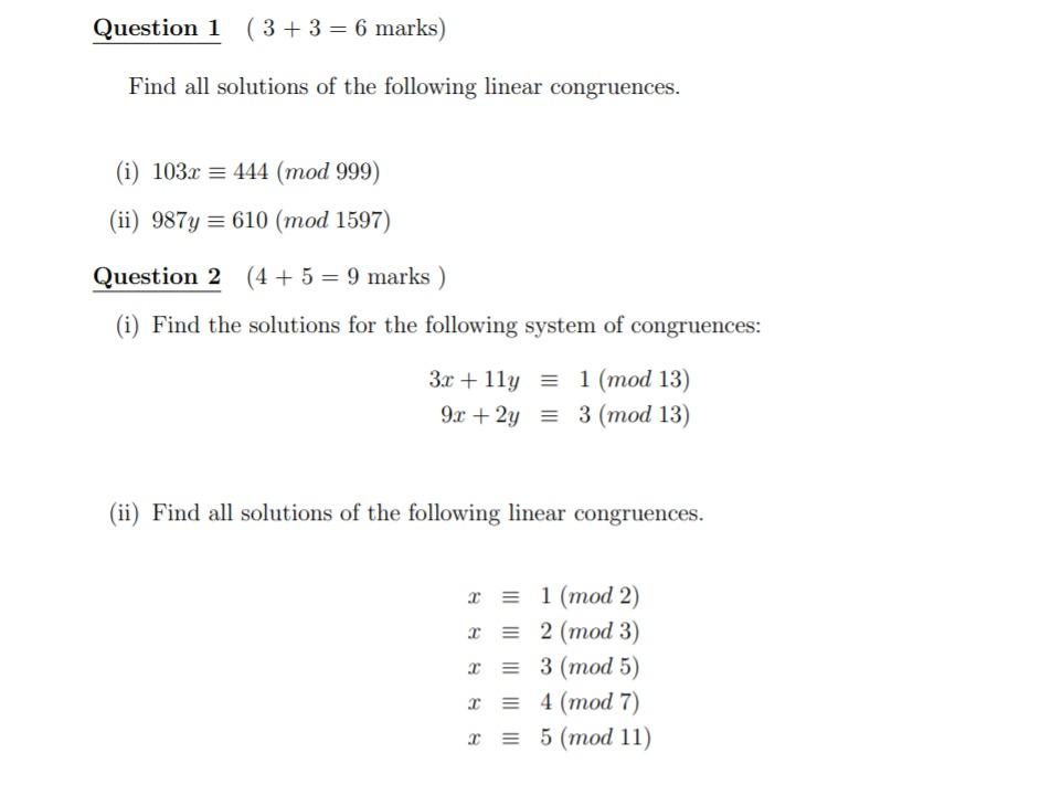 Solved Question 1 (3 + 3 = 6 Marks) Find All Solutions Of | Chegg.com