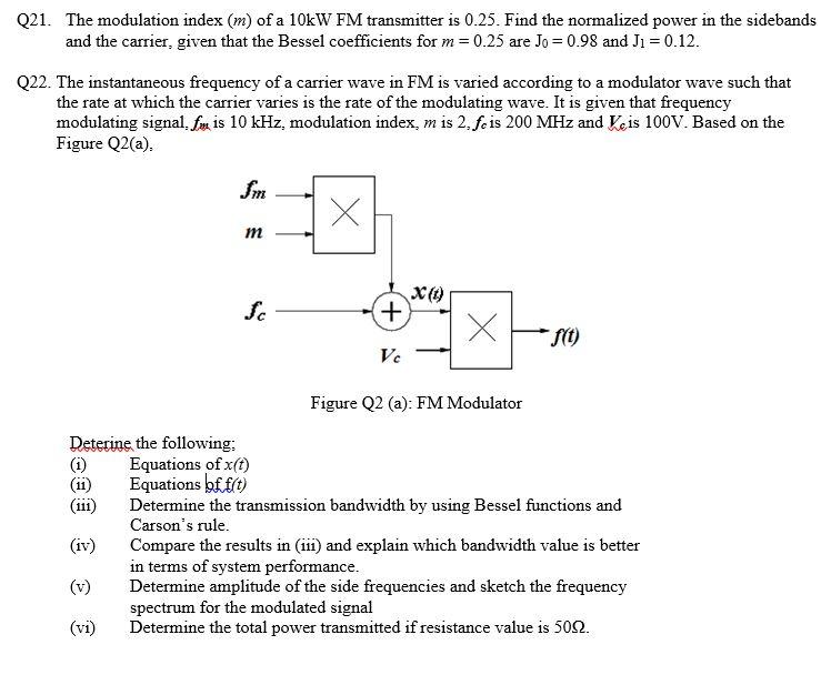 Solved Q21. The modulation index (m) of a 10 kWFM | Chegg.com