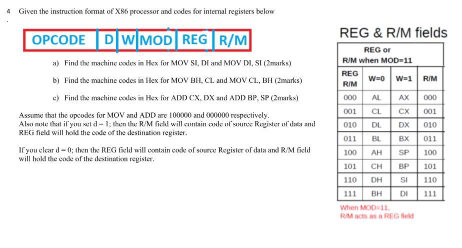 Solved 4 . Given the instruction format of X86 processor and | Chegg.com