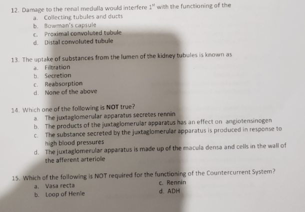 Solved 12 Damage To The Renal Medulla Would Interfere 1t Chegg Com