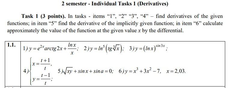 Solved 2 semester - Individual Tasks 1 (Derivatives) Task 1 | Chegg.com