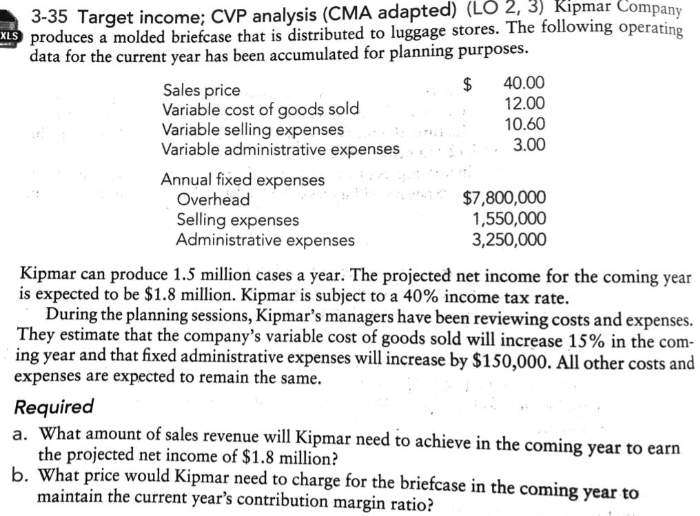 Solved 3-35 Target income; CVP analysis (CMA adapted) (LO 2, | Chegg.com