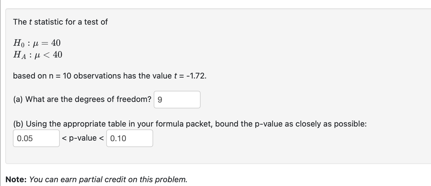 The t statistic for a test of H0:μ=40HA:μ
