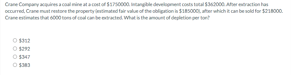 Solved Crane Company acquires a coal mine at a cost of | Chegg.com