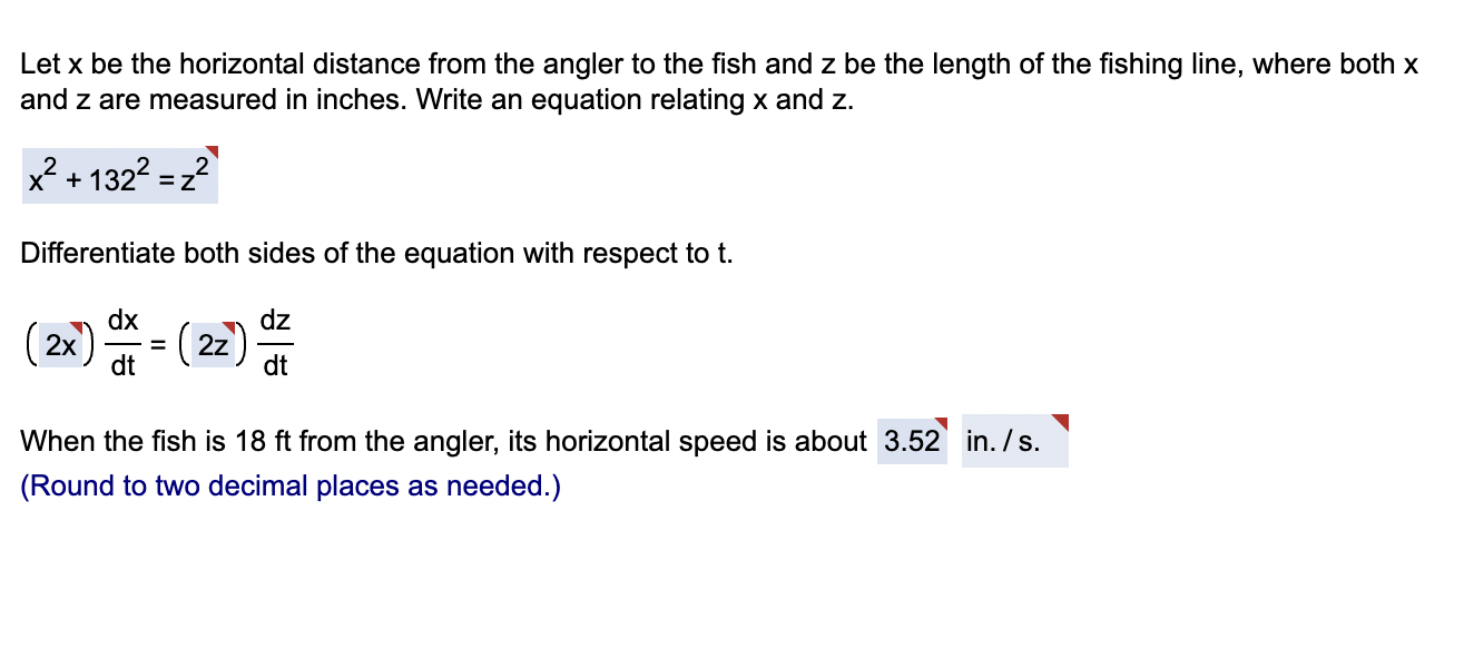Let \( x \) be the horizontal distance from the angler to the fish and \( z \) be the length of the fishing line, where both 