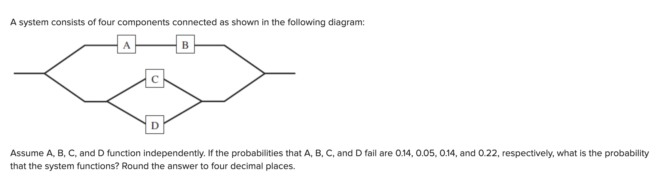 A system consists of four components connected as shown in the following diagram:
Assume \( A, B, C \), and \( D \) function 