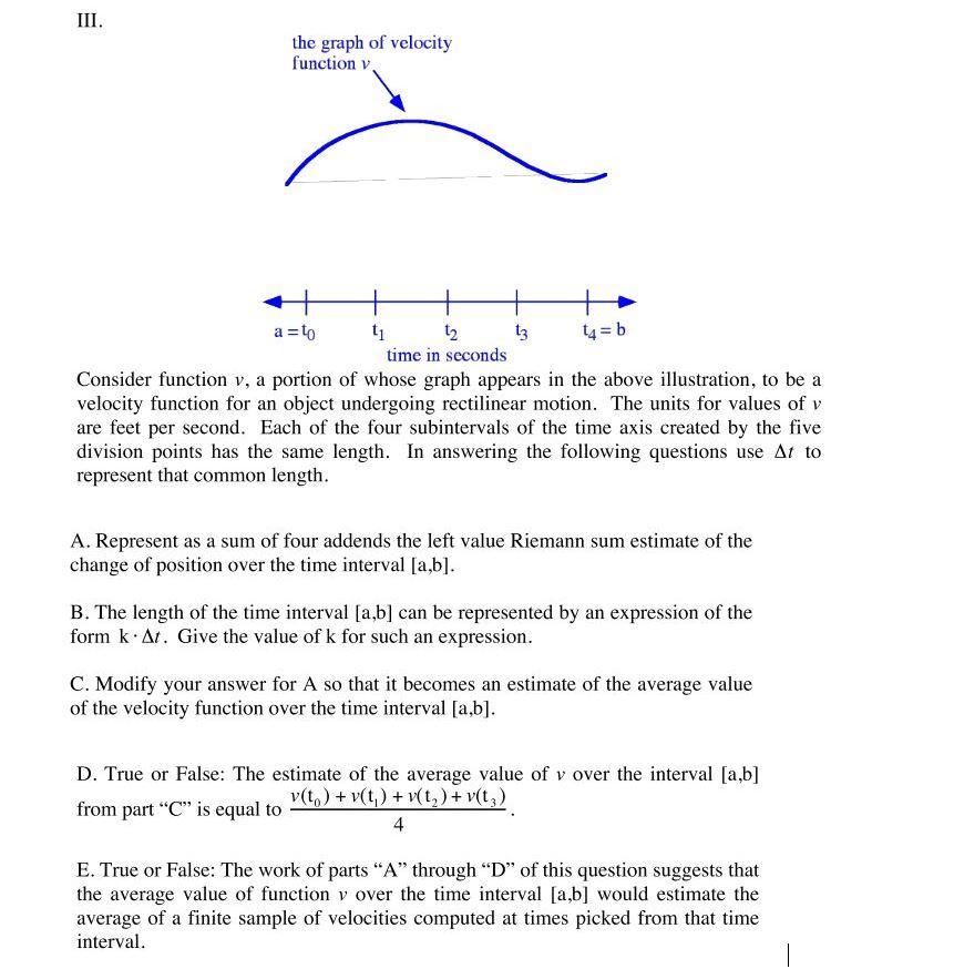 Solved III. the graph of velocity function 4= b a = to ti t2 | Chegg.com