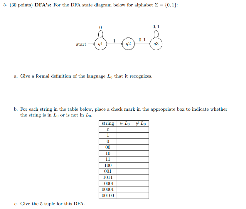 Solved 5. (30 Points) DFA's: For The DFA State Diagram Below | Chegg.com