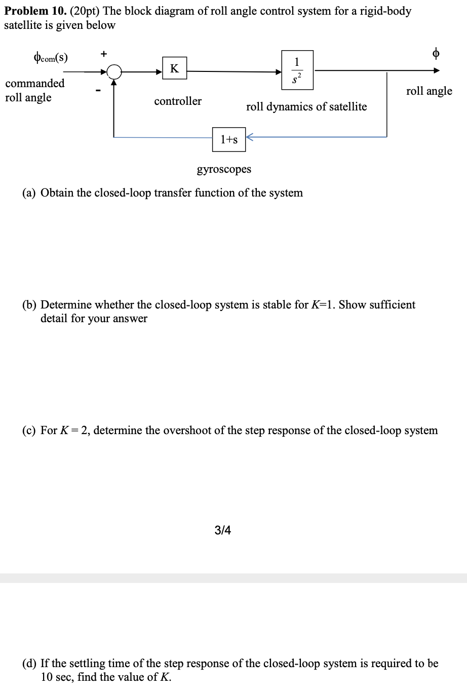 Solved Problem 10. (20pt) The block diagram of roll angle | Chegg.com