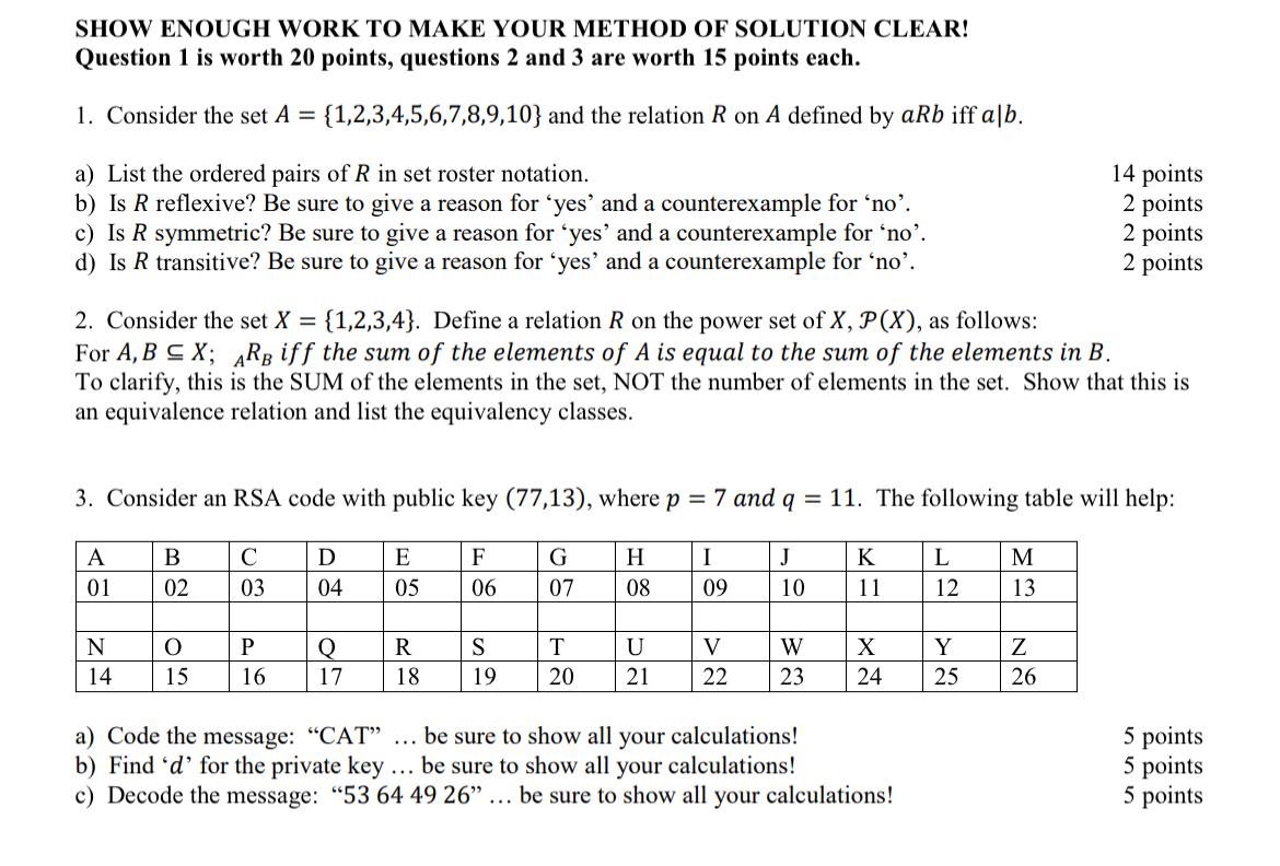 Solved SHOW ENOUGH WORK TO MAKE YOUR METHOD OF SOLUTION | Chegg.com