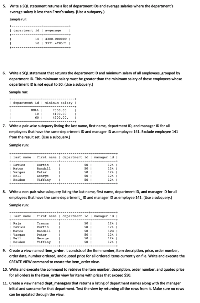 Solved 5. Write a SQL statement returns a list of department | Chegg.com