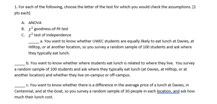 Solved 1. For each of the following, choose the letter of | Chegg.com
