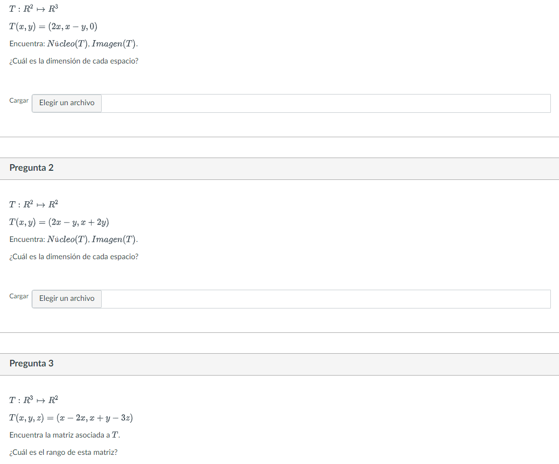 \[ \begin{array}{l} T: R^{2} \mapsto R^{3} \\ T(x, y)=(2 x, x-y, 0) \end{array} \] Encuentra: \( N \) úcleo \( (T), \operator