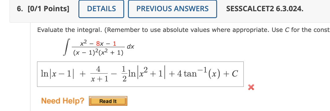 Solved SESSCALCET2 6.3.024. Evaluate the integral. (Remember | Chegg.com