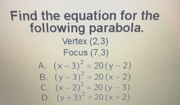 Solved Find the equation for the following parabola Vertex | Chegg.com