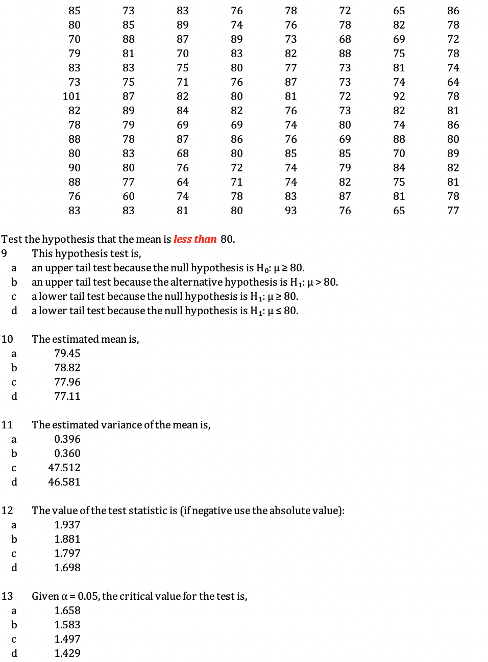 Solved 85 80 70 79 83 73 101 82 78 88 80 90 88 76 83 73 85 | Chegg.com 