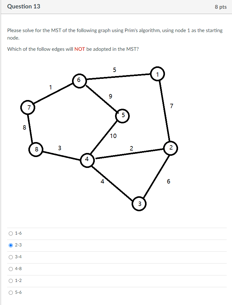 Solved Question 13 8 pts Please solve for the MST of the | Chegg.com