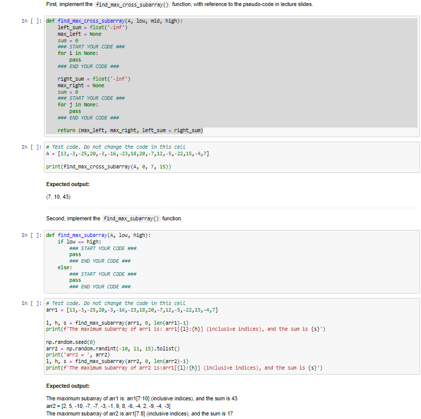 Solved First, implement the find_max_cross_subarray() | Chegg.com