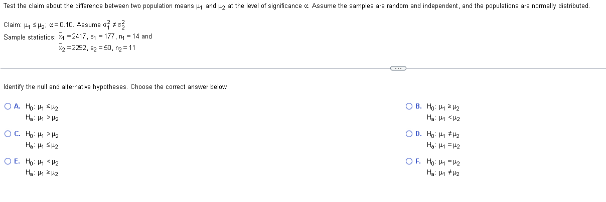 Solved Claim: μ1≤μ2;α=0.10. Assume σ12 =022 Sample | Chegg.com