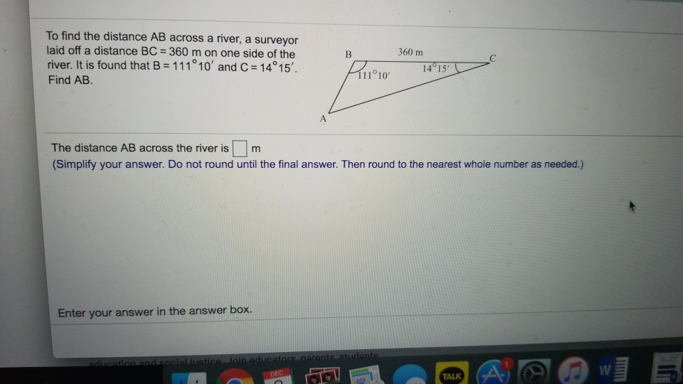Solved To find the distance AB across a river, a surveyor | Chegg.com