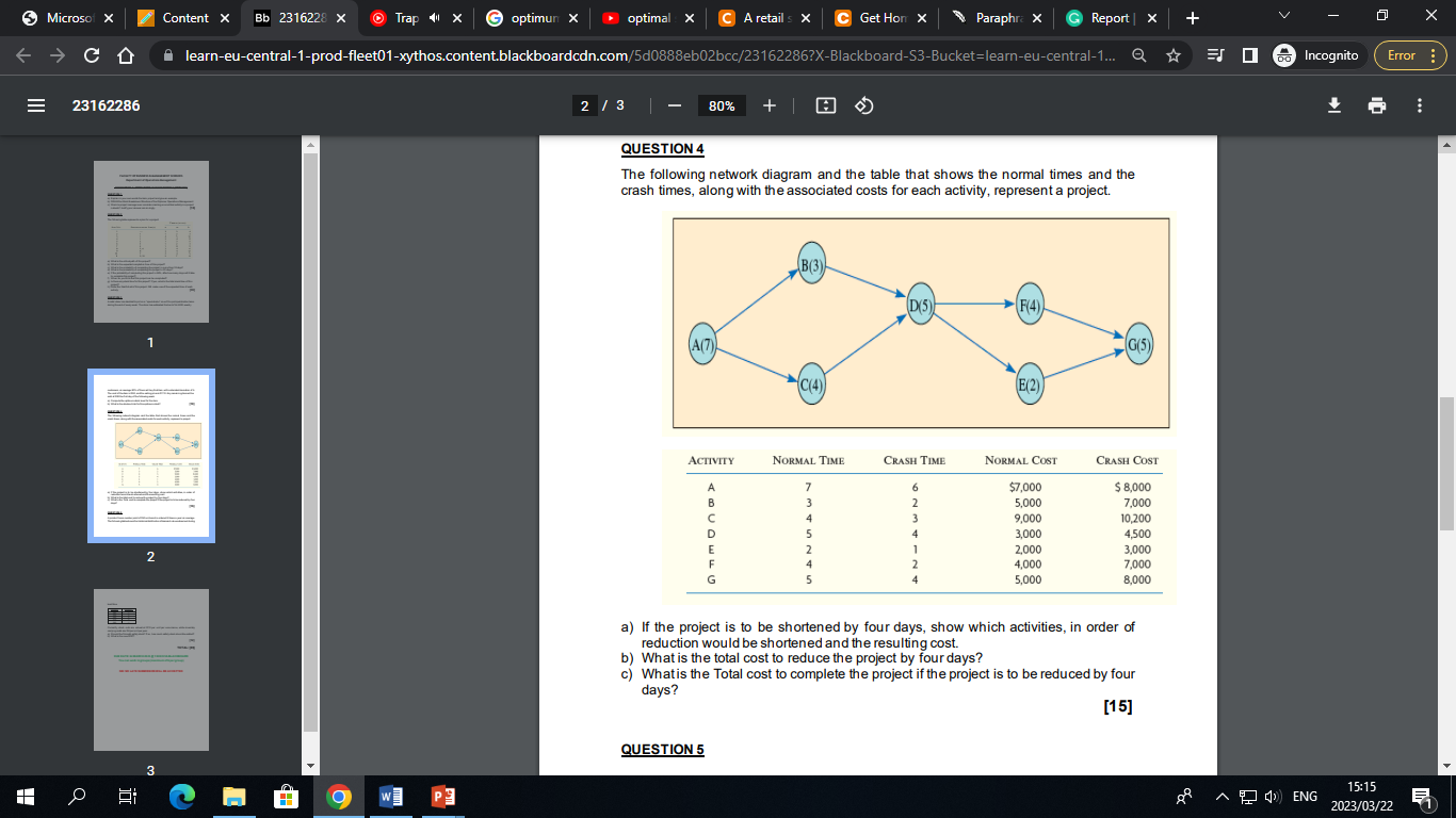 Solved QUESTION 4 The Following Network Diagram And The | Chegg.com